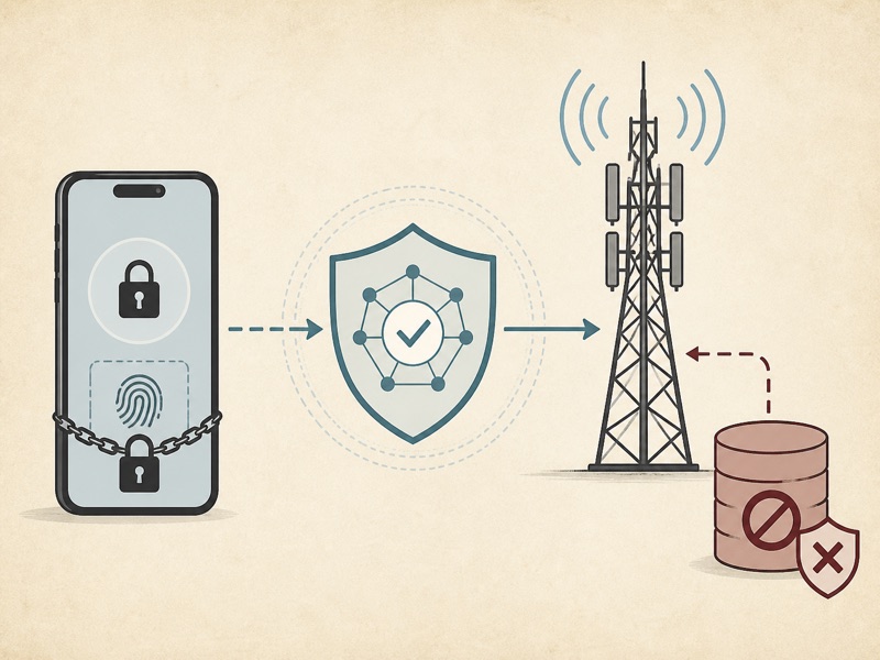 A phone proves to a cellular tower that it is not blocklisted while its permanent identifier remains sealed.