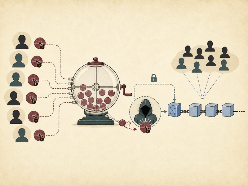 Anonymous stakeholders enter sealed tokens into a public lottery that privately selects a block proposer.