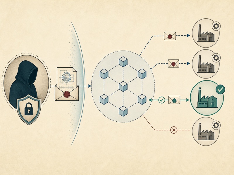 An anonymous buyer privately sends sealed requirements through a blockchain marketplace to matching suppliers.