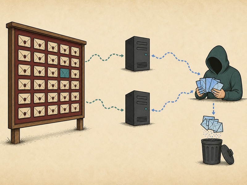 A hidden recipient privately retrieves sealed messages through two separate non-colluding servers.