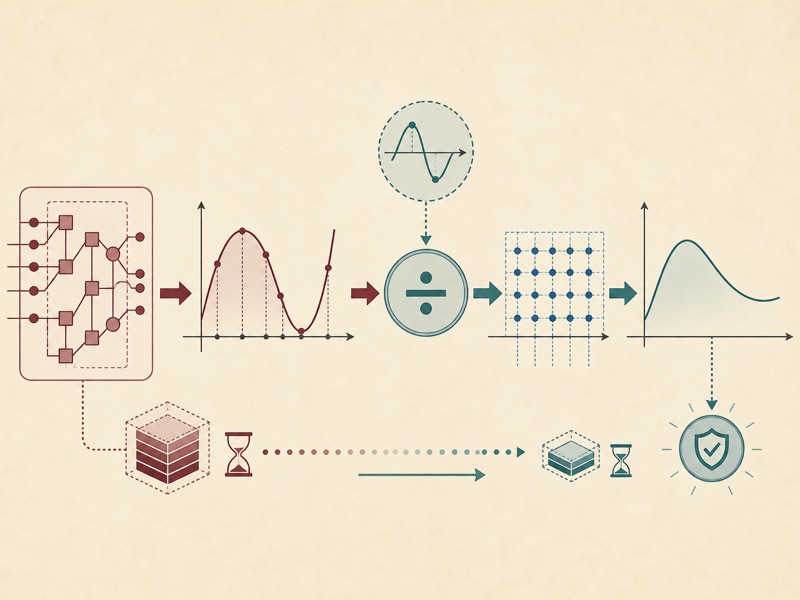A proof circuit passes polynomial data through division and an evaluation grid to produce a compact proof.