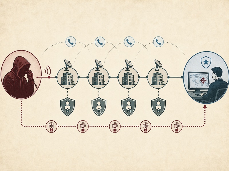 Cryptographic breadcrumbs trace an abusive call across several carriers to an authorized investigator.