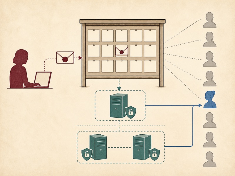 A sender posts a sealed message that protected helper servers reveal only to its hidden recipient.