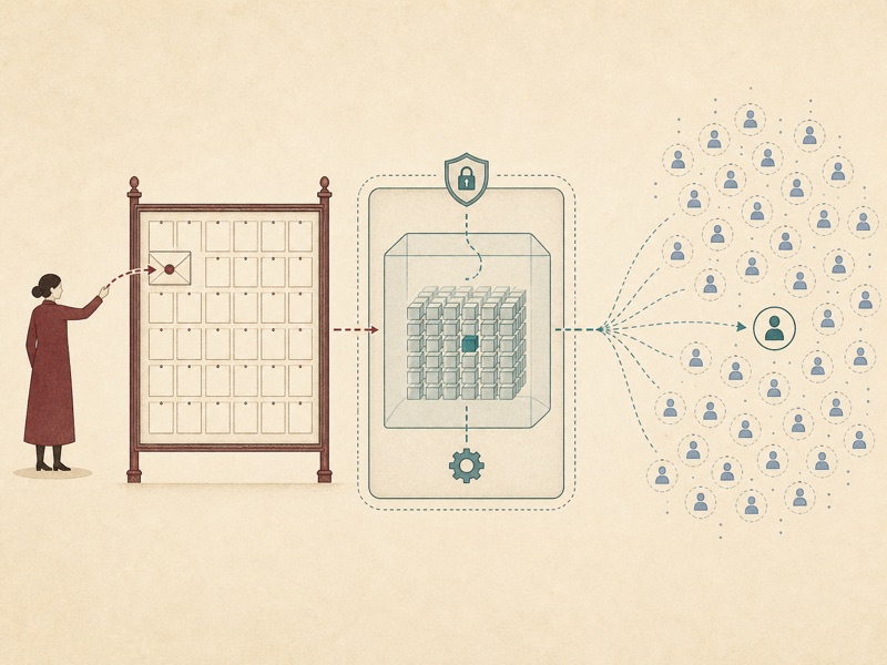 A sender posts a sealed signal that a protected server routes to one hidden recipient among many.