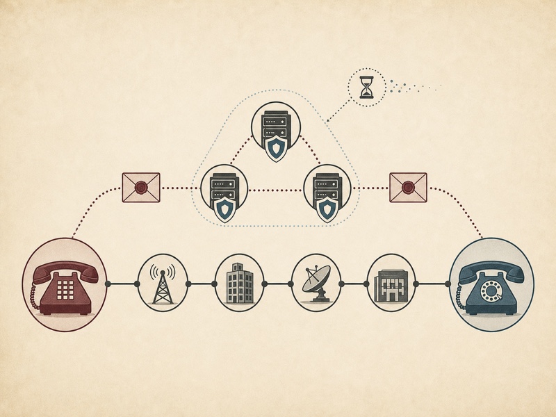 An encrypted call-metadata packet travels out of band through three protected distributed servers while a voice call crosses mixed telephone networks.