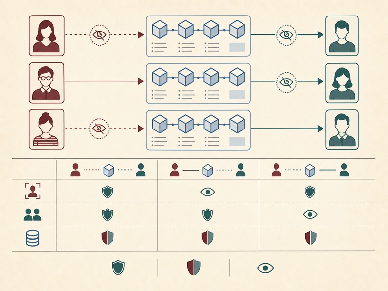 Parallel blockchain transaction flows compare which sender, receiver, and transaction details remain hidden.