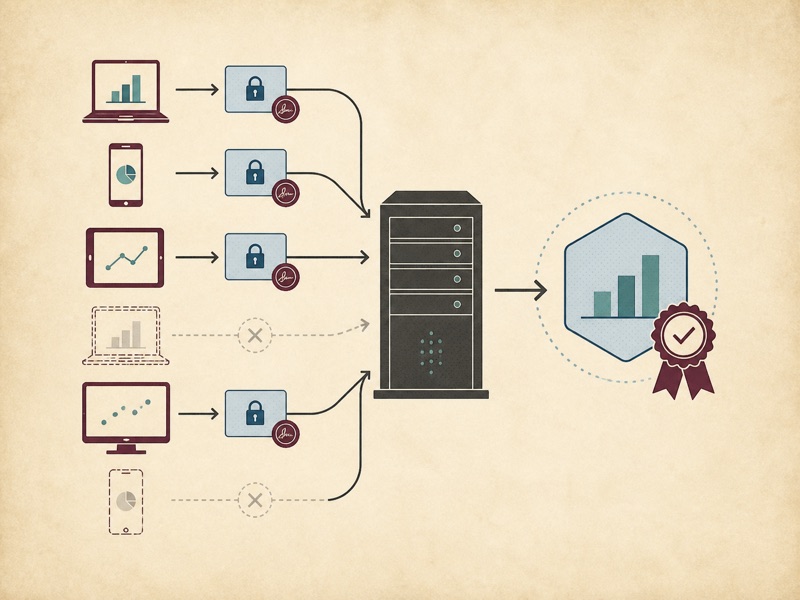 Clients send sealed contributions to a server that produces one verified aggregate despite dropouts.